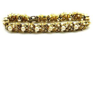 BSK Faux Pearl Panel Bracelet Gold Tone Glam Bling Sparkle Holiday Party READ